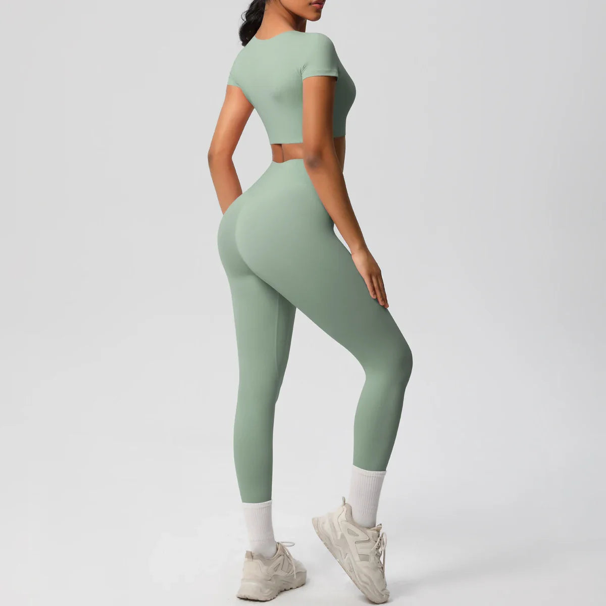 Yoga Set for Women Fitness Sportswear with Short Sleeve Top and High Waist Leggings