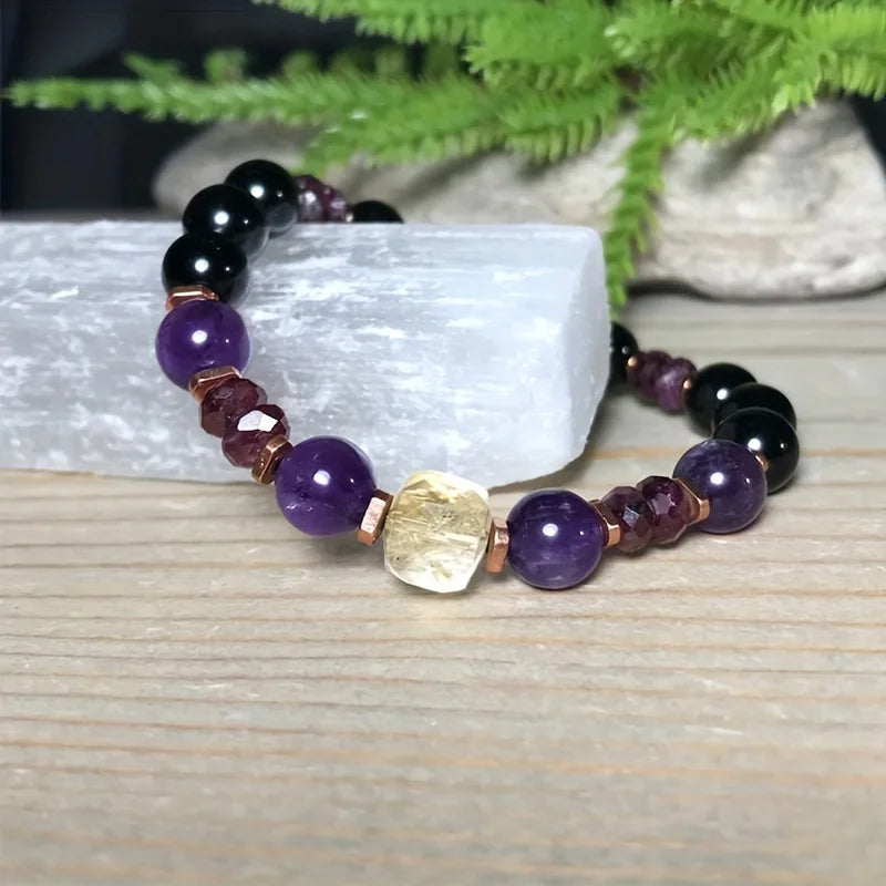 Attract Money Citrine Empathy Protection Bracelet with Garnet Black Tourmaline and Amethyst for Successful Healing and Stress Relief