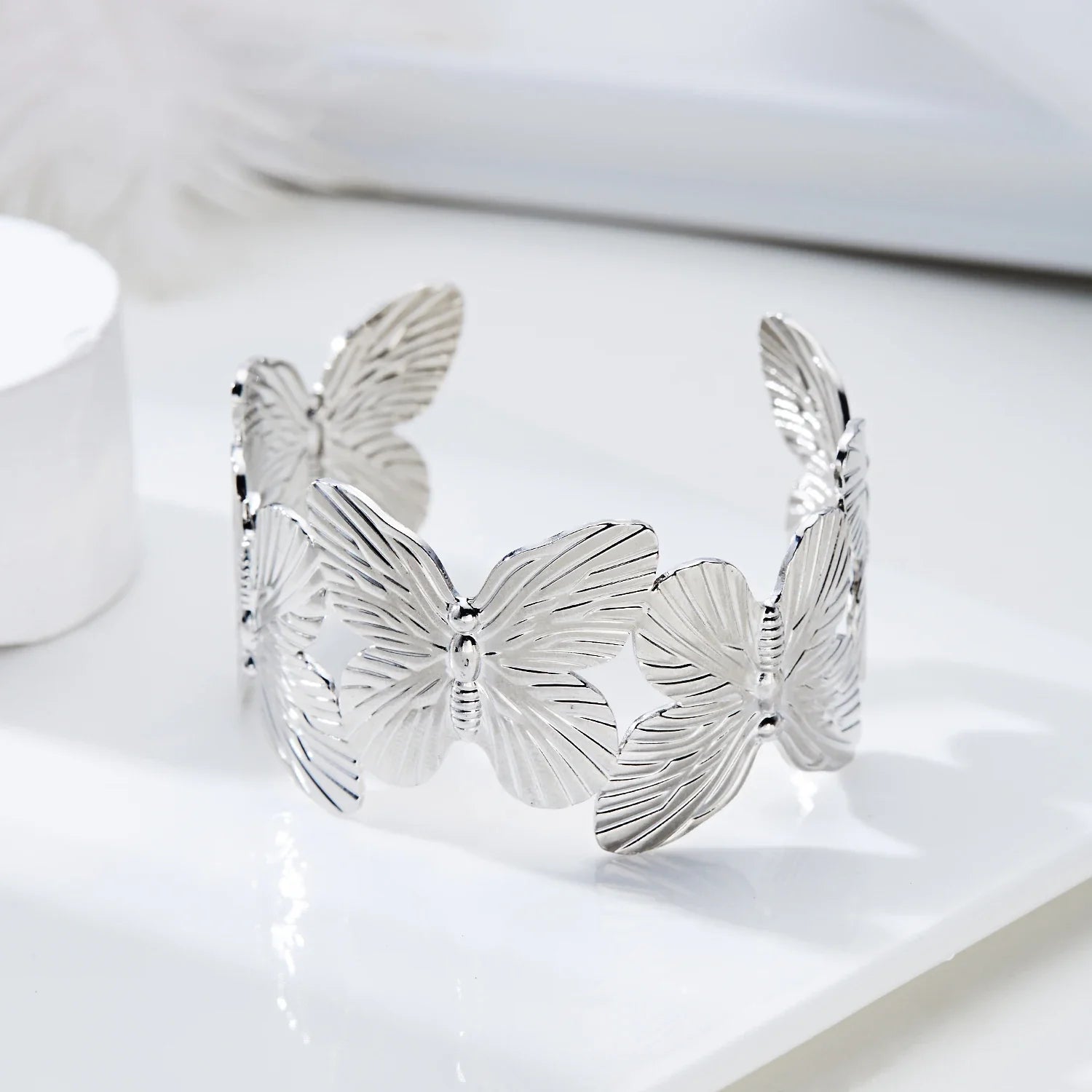 Gold Plated Adjustable Cuff Bracelet with Hollow Flower Butterfly Design in High Quality Stainless Steel for Women Jewelry