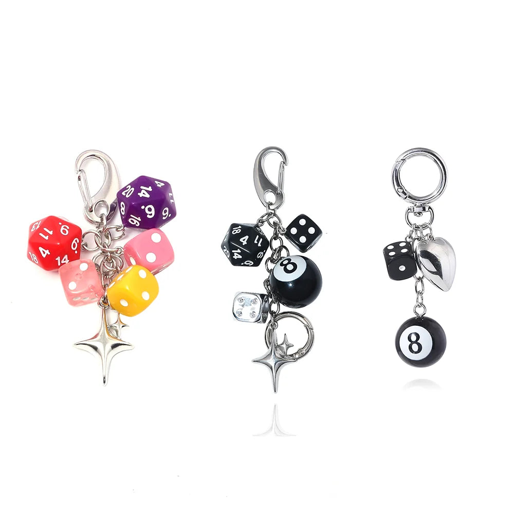 Hiphop Black Dice Billiards Keychain Y2K Starburst Pendant Bag Charm Punk Accessory
