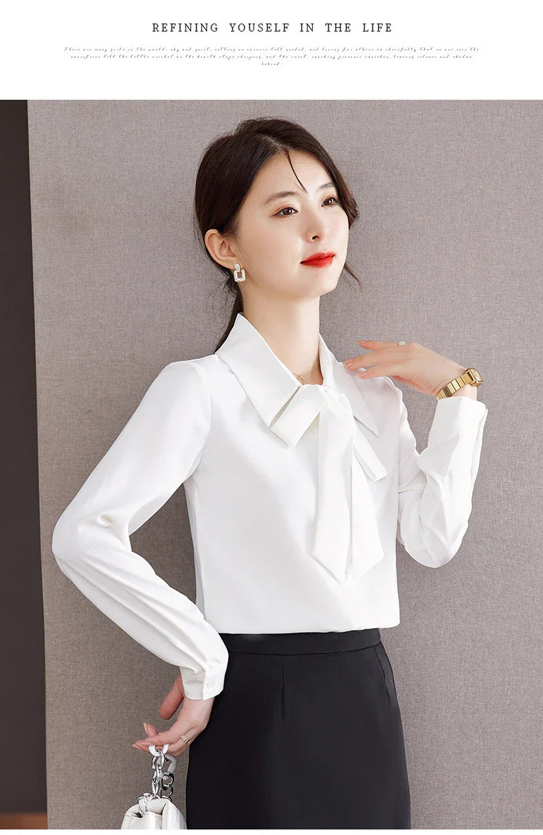 Elegant Bow Tie Ribbon Blouse for Women Lace Up Temperament Shirt Stylish Spring and Autumn Top