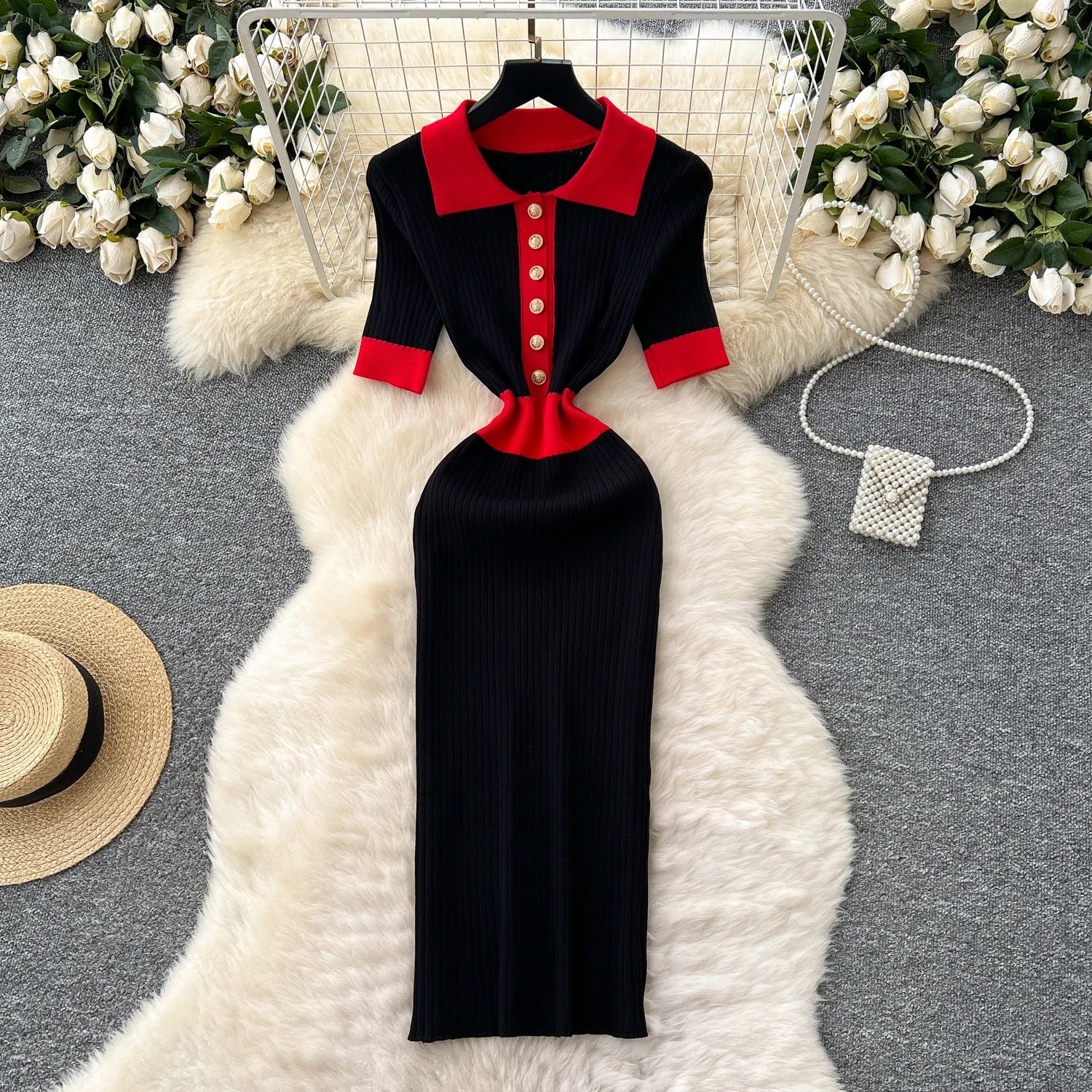 Patchwork Knitted Polo Collar Dress For Women Spring Summer