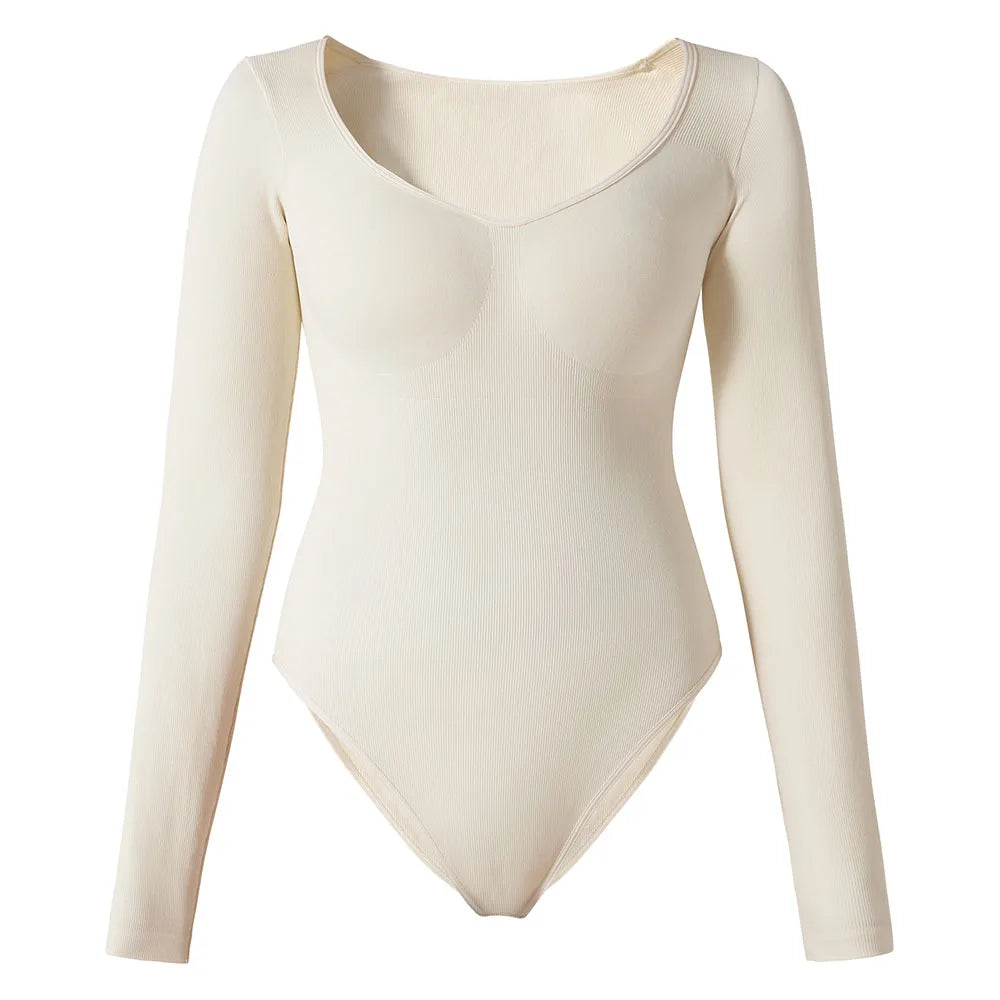 Sexy Long Sleeve Bodysuit for Women Skinny Bodycon V-Neck Push Up Romper Streetwear Jumpsuit