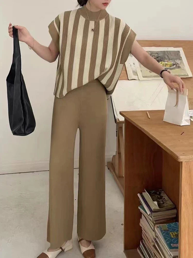 Women Casual Striped Sweater Pant Set Autumn Winter Knitted Short Sleeve Tops and Elastic Sweater Pants