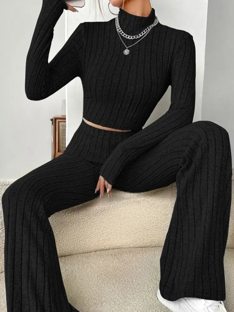 Women's Casual Solid Color Two Piece Set with Round Neck Top and Loose Pants for Autumn and Winter