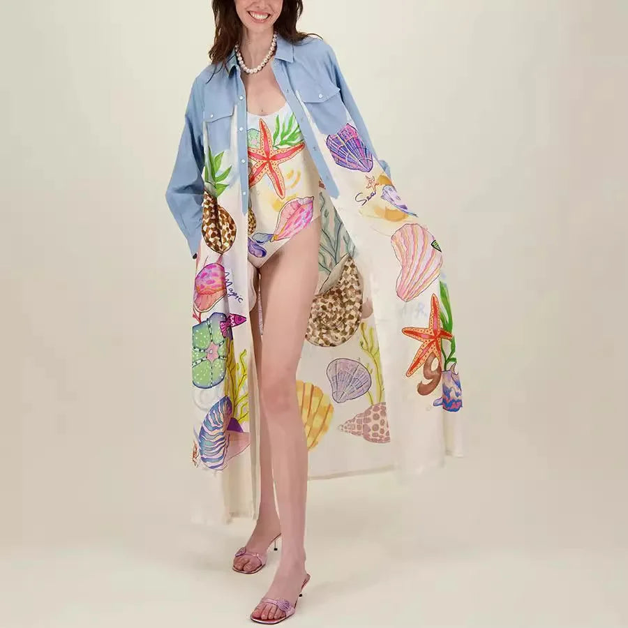 Personality Printed Long Sleeve Single Breasted Shirt with Lapel Collar and Skirt Set for Women