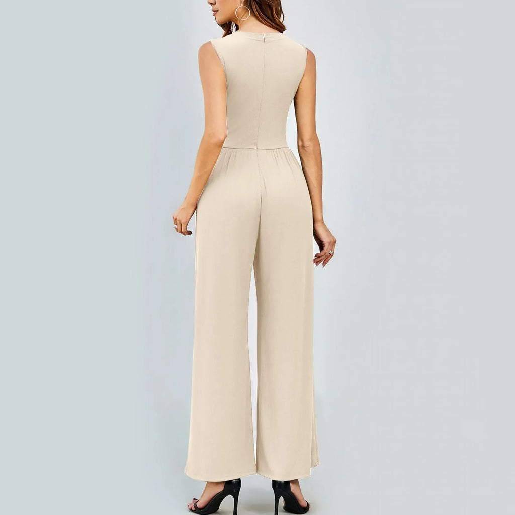 Women Sleeveless High Neck Ribbed Tank Top Jumpsuit Wide Leg Pants Romper with Tummy Control and High Waist Casual Summer Outfit