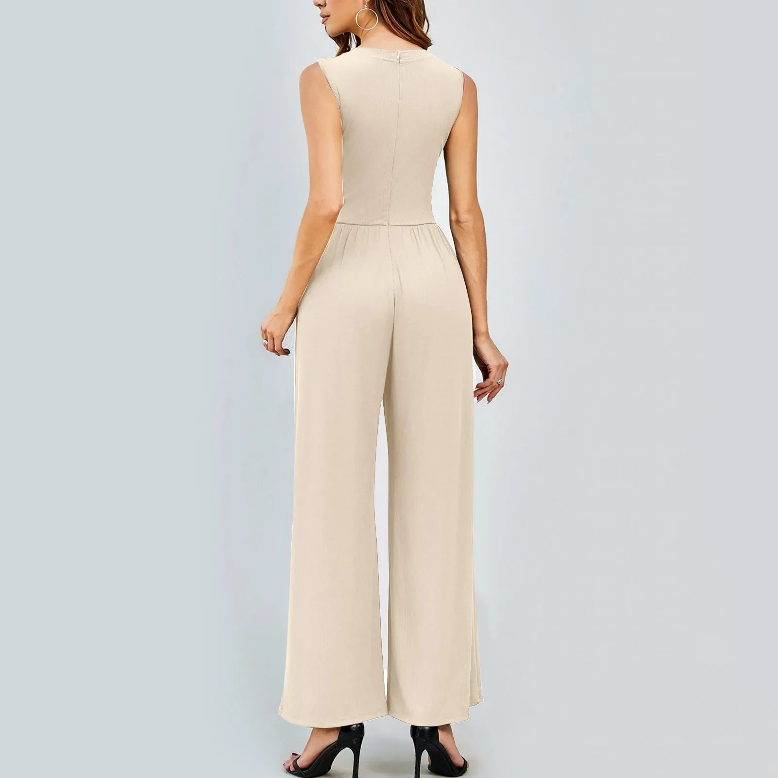 Women Sleeveless High Neck Ribbed Tank Top Jumpsuit Wide Leg Pants Romper with Tummy Control and High Waist Casual Summer Outfit