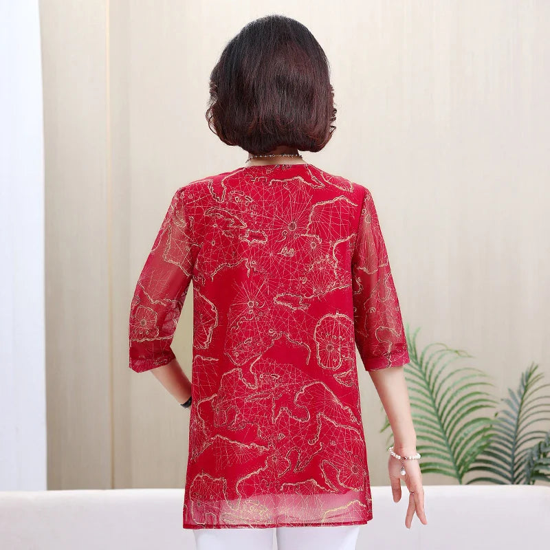 Women's Summer Shirt Casual Loose Fit Fake Two-Piece Printed Top for Middle-Aged and Elderly