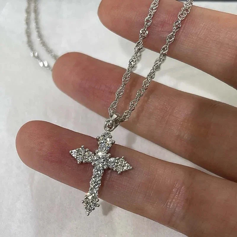 Shiny Crystal Zircon Cross Pendant Necklace for Women with Silver Color Thin Chain Party Jewelry Gift