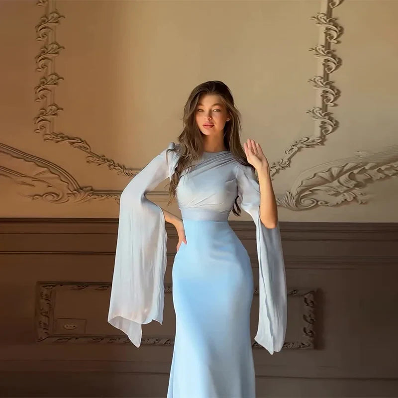 Summer Satin Long Sleeve Evening Gown Dress Slim Fit