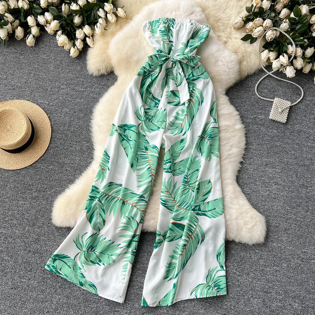 Women's Elegant Suspender Jumpsuit Sexy Printed Casual Hip Waist Overalls Romper