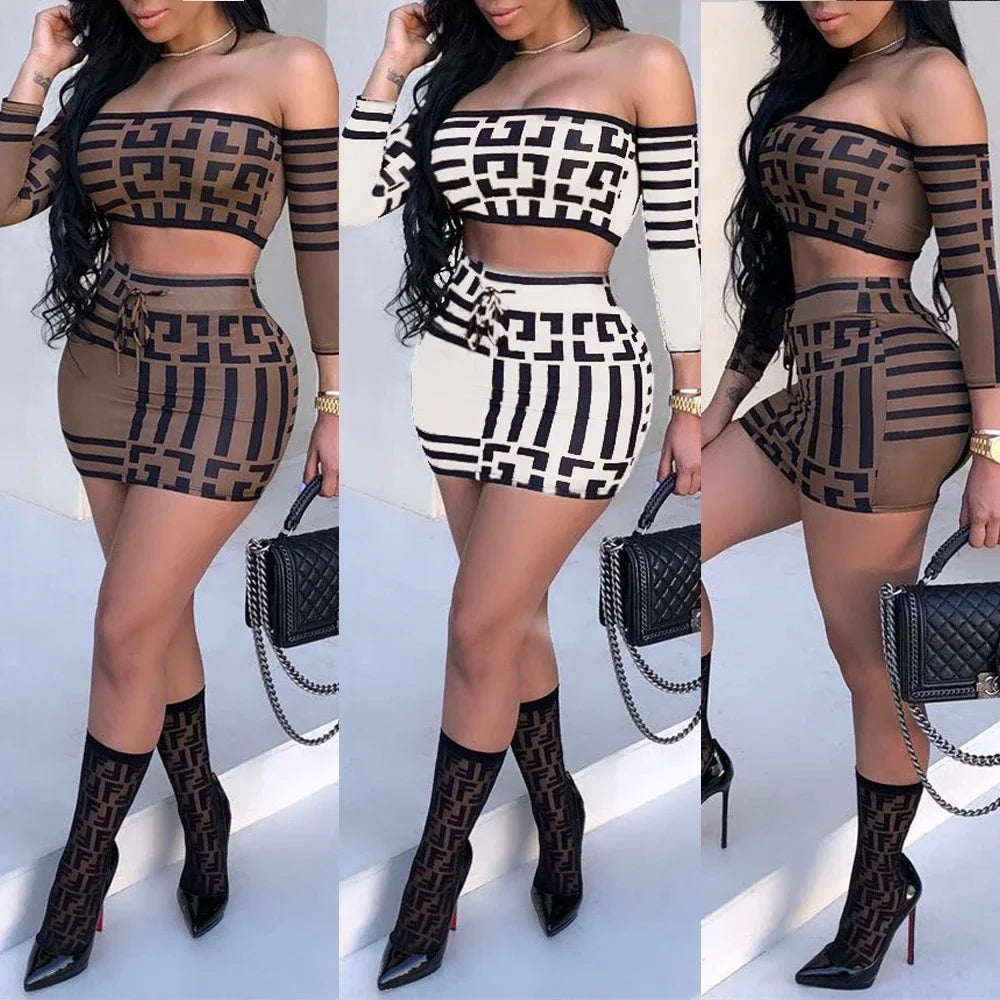 Two Piece Sexy Women's Printed Dress Set with Long Sleeves Slim Fit One Line Collar and Elegant Mini Skirt for Summer Party and Clubwear