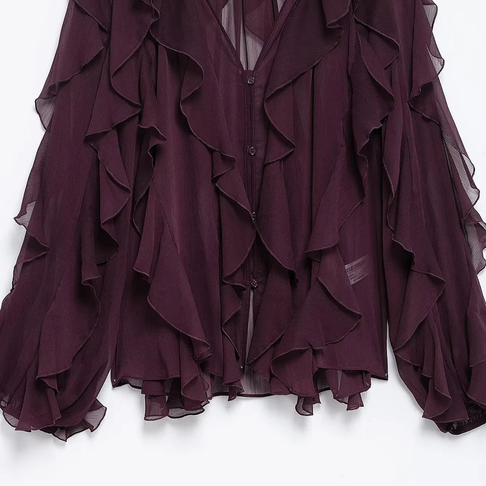 Loose Fit Burgundy Mesh Ruffle Shirt with Flutter Sleeves and Stacked Decorative Design for Women