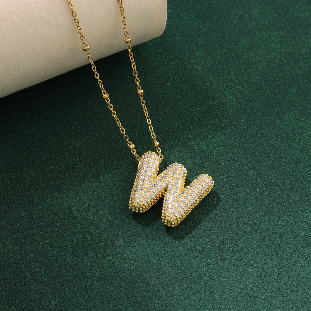 Luxury Zircon Crystal Initial Necklace for Women Stainless Steel Choker Chain Jewelry