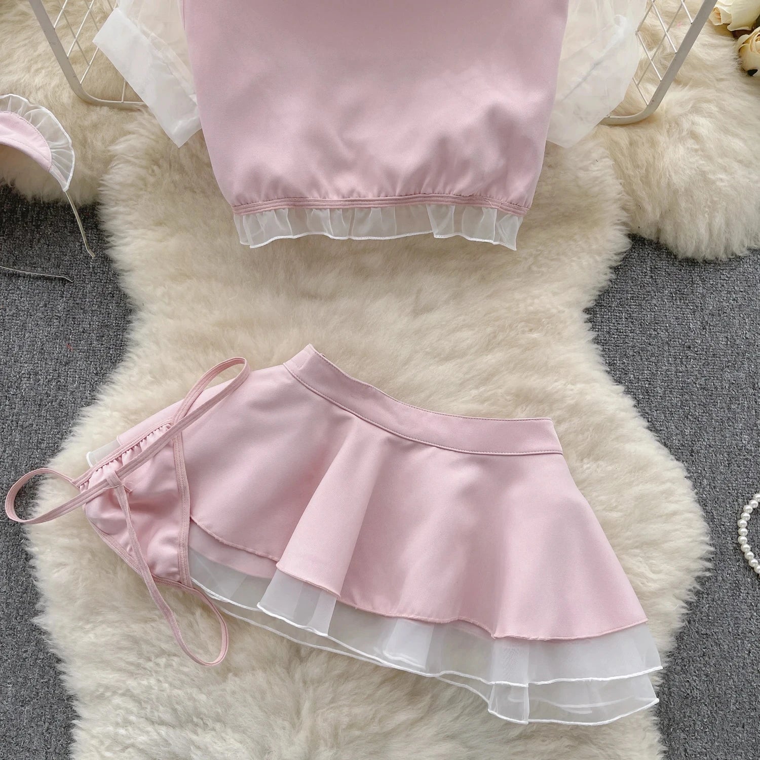 Sexy Nurse Cosplay Uniform Two-Piece Set with High Waisted Ruffled Skirt and Bubble Sleeve Short Top Cute and Flirty Costume