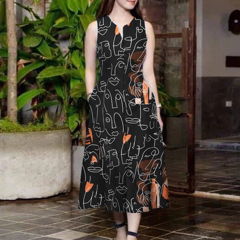 V Neck Sleeveless A Line Printed Sundress For Summer