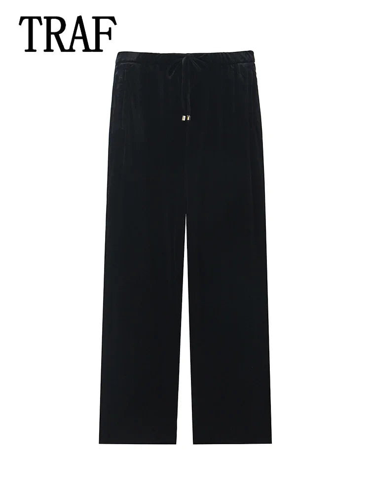 Women's Fashion Velvet Trouser Set with Wide Leg Pants and Long Sleeve Coat Top for Stylish Streetwear Outfit