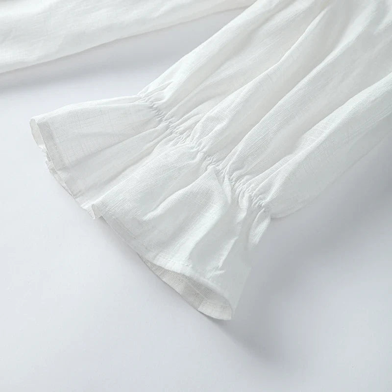 Women's Sweet Solid White Blouse with Front Bow Lace-Up Long Sleeves Elegant Casual Summer Top