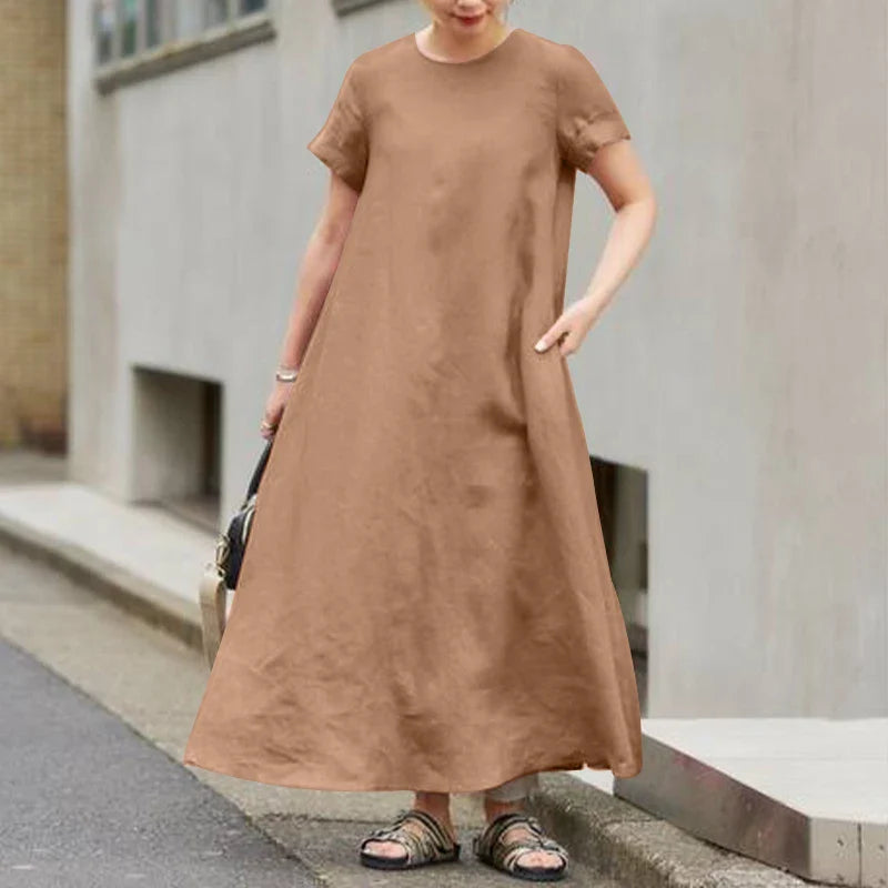 Summer Maxi Dress Women O Neck Short Sleeve Sundress A Line