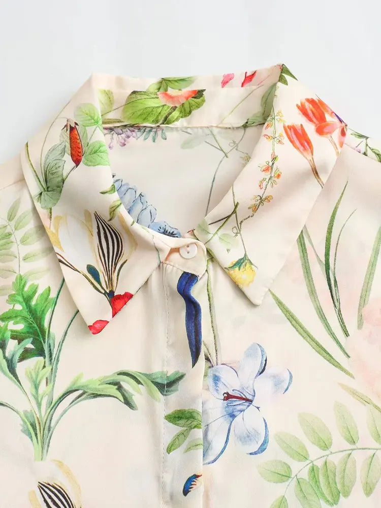 Elegant Women Floral Print Lapel Blouse Single Breasted Long Sleeve Casual Chic Top