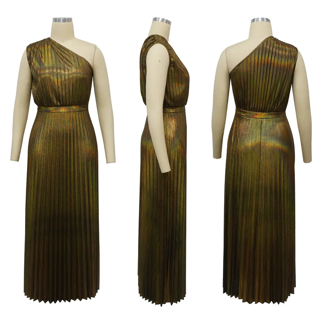One Shoulder Metallic Pleated Maxi Dress Evening Gown
