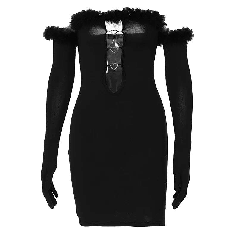 Feather Off Shoulder Mini Dress With Heart Cutouts Party