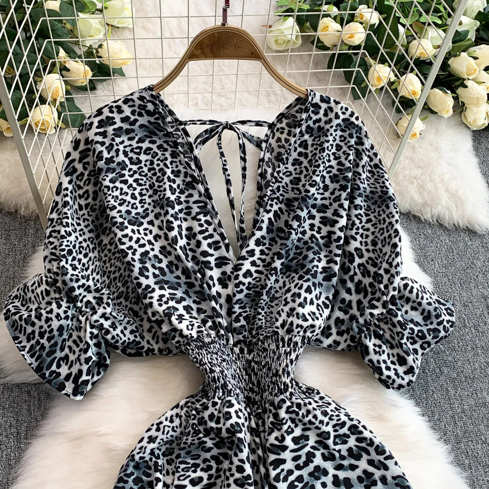 Women's Summer V-Neck Leopard Print Lace-Up Jumpsuit Short Sleeve Loose Fit Playsuit Overalls with Elegant Ruffle Detail