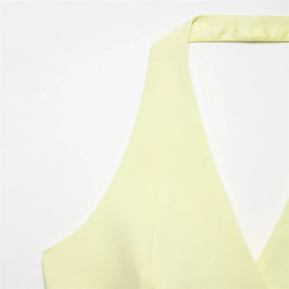 Womens Light Yellow Suit Set Halter Vest with Gold Buttons and Pleated Wide Leg Pants Stylish Ensemble
