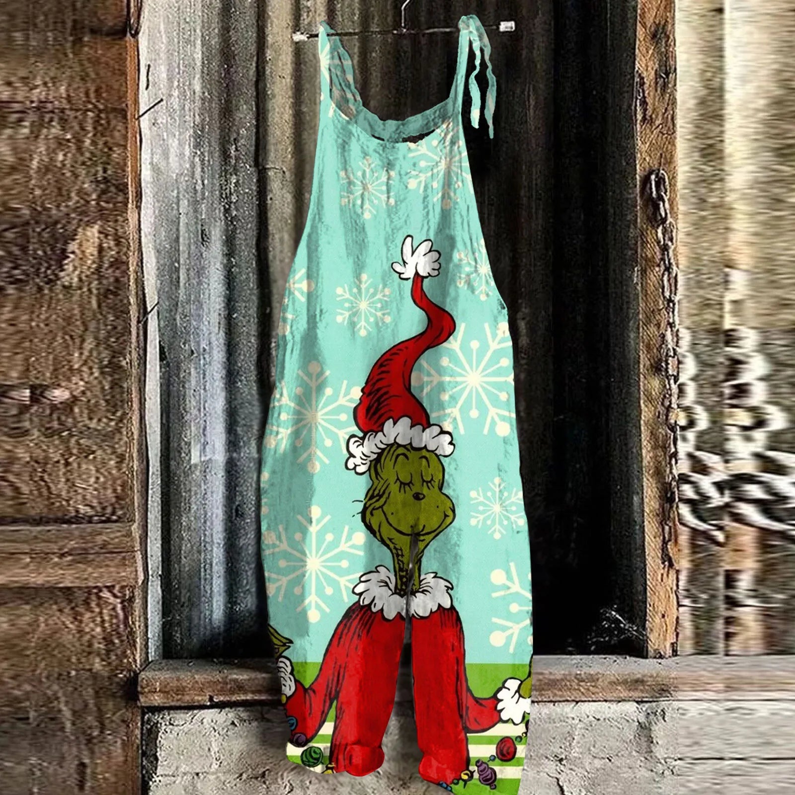 Kawaii Cartoon Print Casual Loose Vintage Strappy Jumpsuit Women's Fashion Festival Pants with Christmas Theme