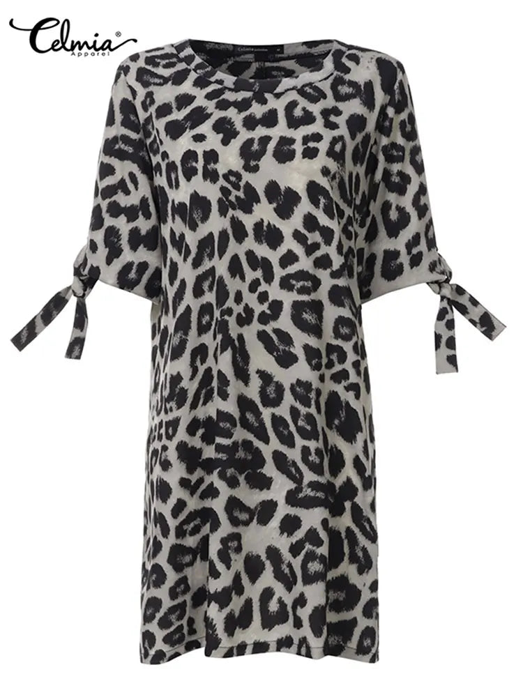 Leopard Print Boho Mini Dress For Beach Sundress Casual