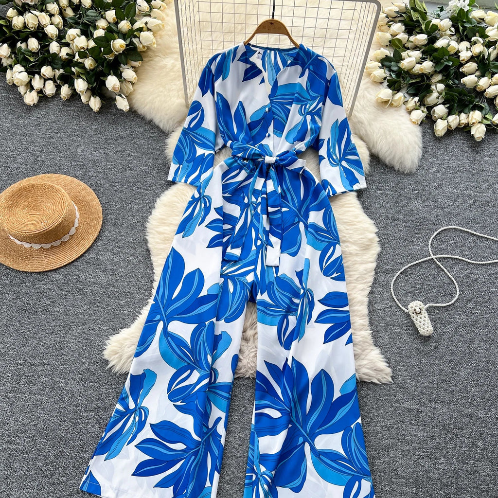 Women's Summer V-Neck Short Sleeve Lace-Up Waist Slim Fit Wide-Leg Printed Jumpsuit with Loose Straight Leg Design