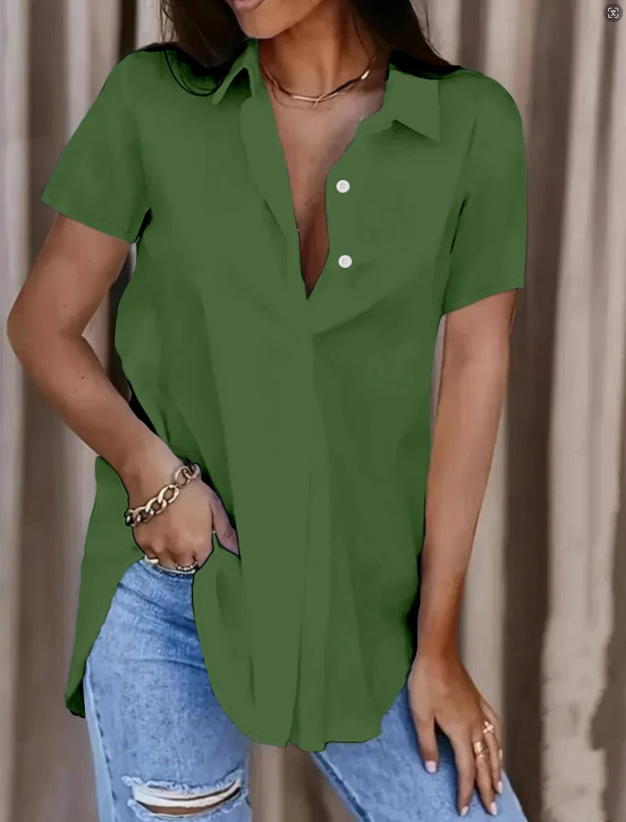 Women Elegant Solid Button V Neck Blouse Casual Short Sleeve Loose Fit Office Shirt Top