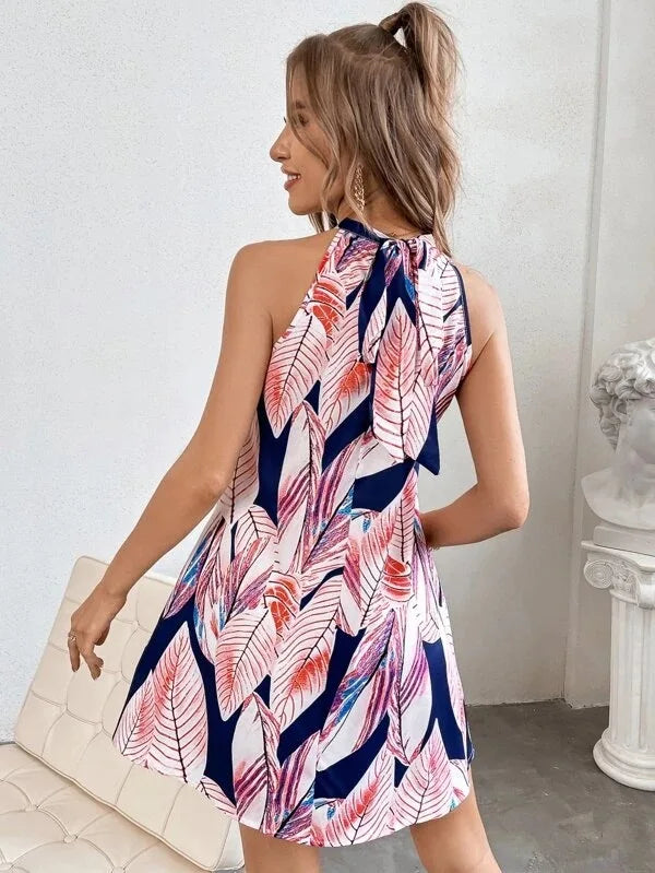Open Back Sleeveless Summer Print Dress for Beach Vacation