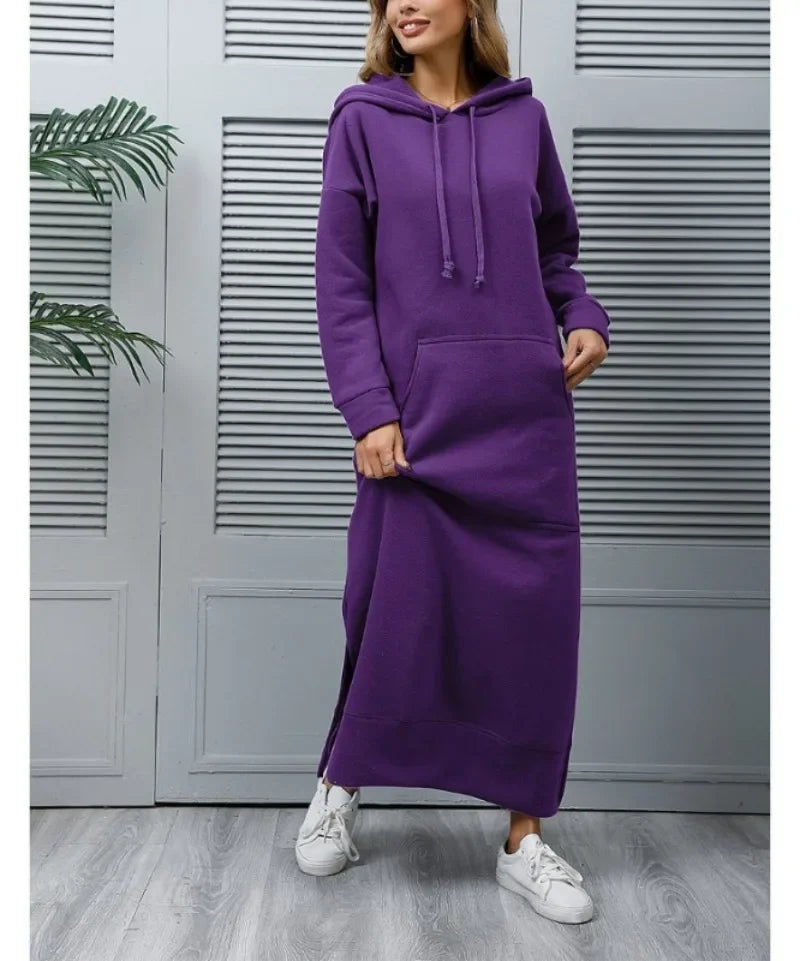 Cozy Knitted Hooded Long Dress With Large Pocket Women