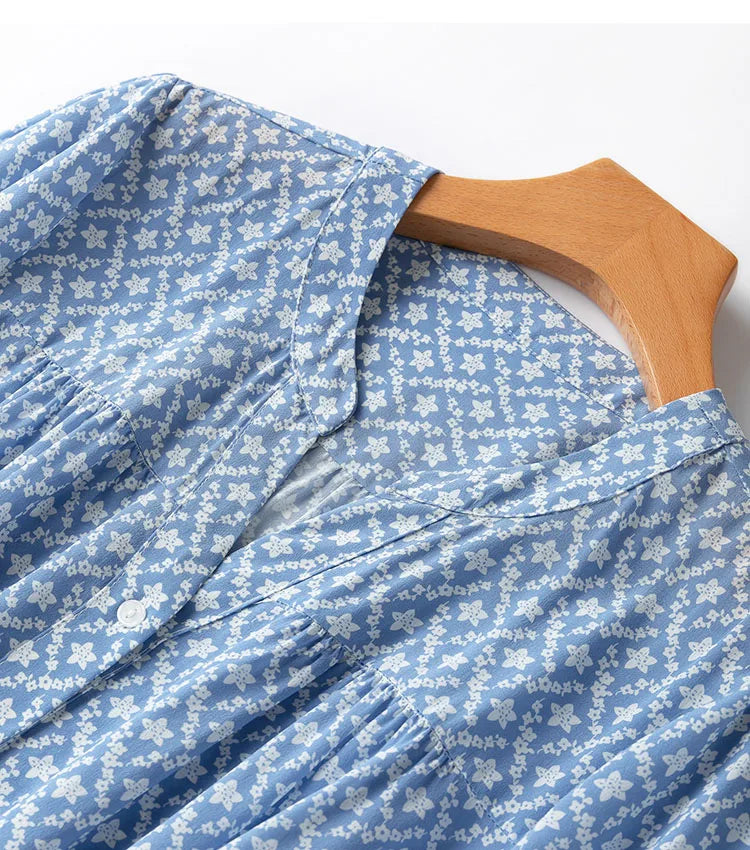 Silk Midi Dress For Women Blue Floral Ruffles V Neck