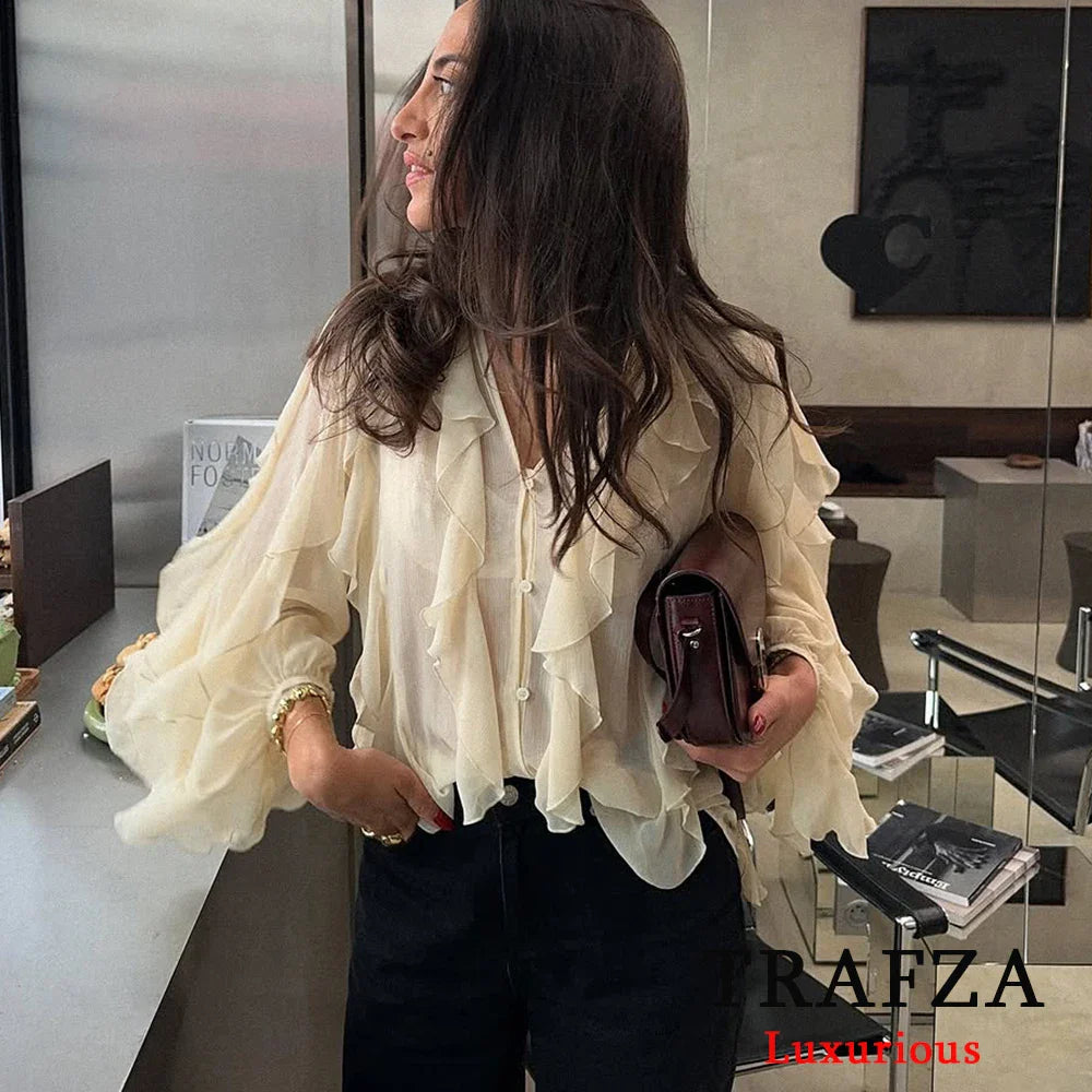 Sexy Transparent Tassel Chiffon Women Blouse Long Sleeve V Neck Loose Fit Single Button Shirt Stylish Lightweight Top for Spring and Summer