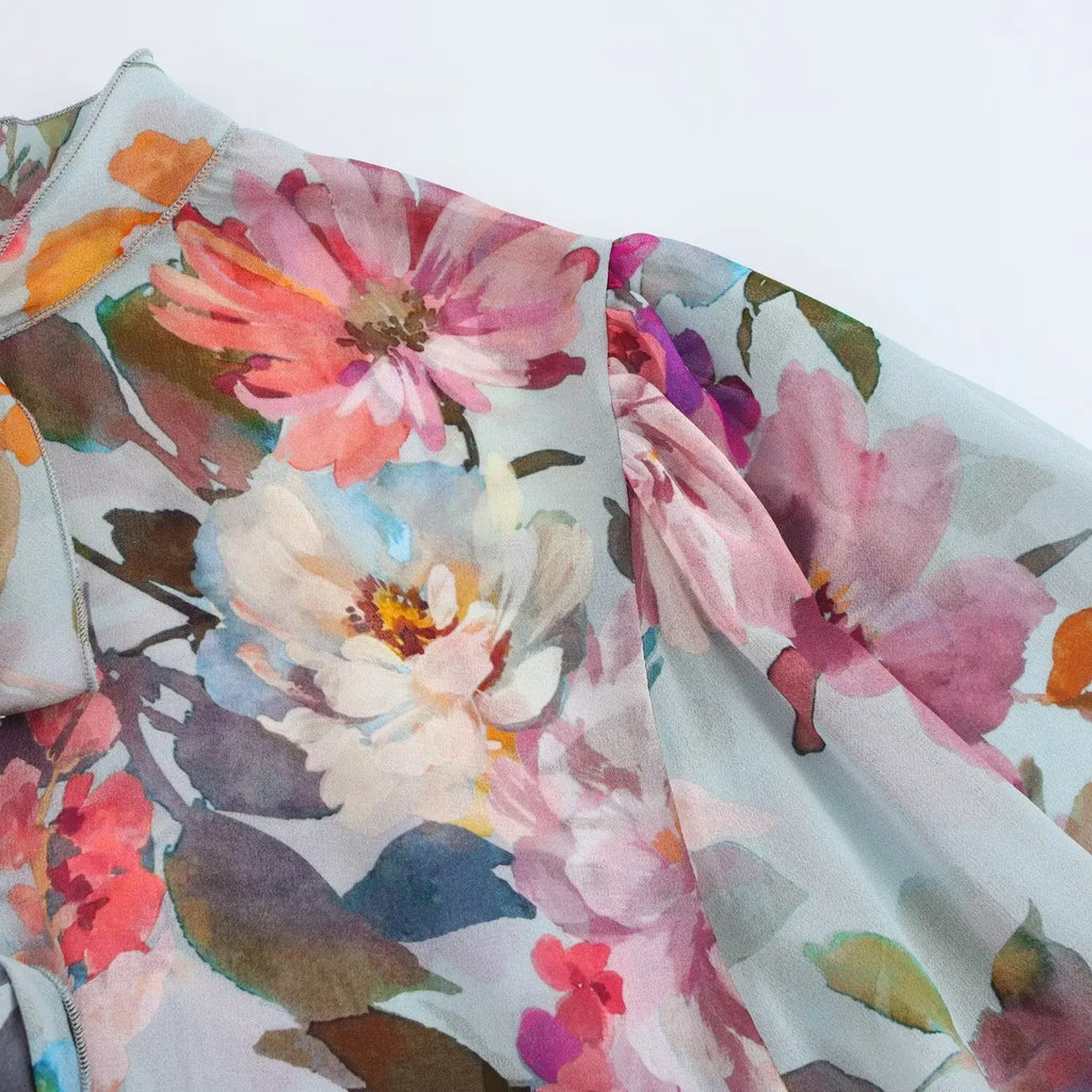 Women's Floral Print Chiffon Blouse with Bow Tie Detail Loose Fit Fashion Shirt