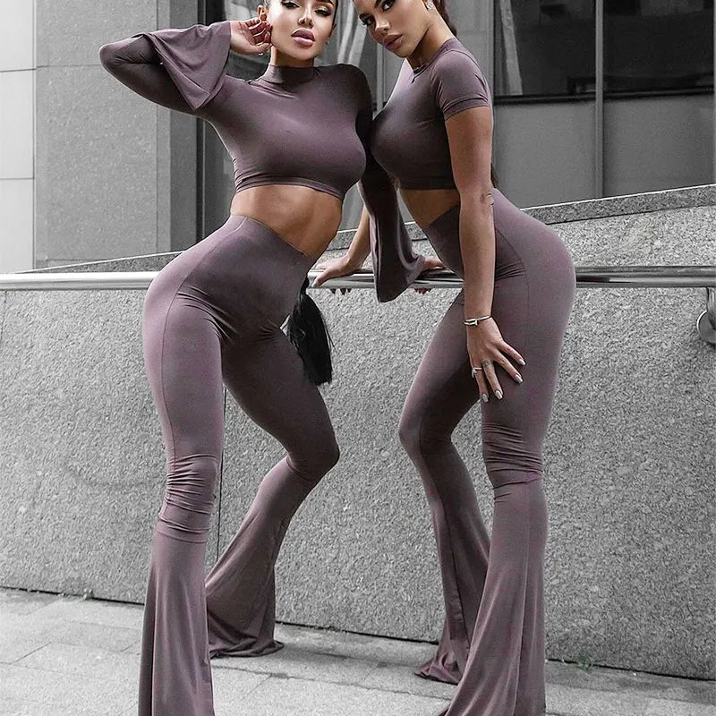 Autumn Winter Women's Casual Two Piece Set with High Collar Long Sleeve Top and Slim Fit Trousers