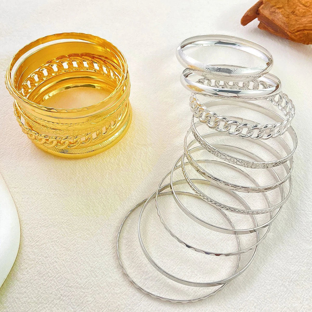 Ten Piece Bohemian Retro Wide-Face Gold and Silver Wedding Bracelet Set