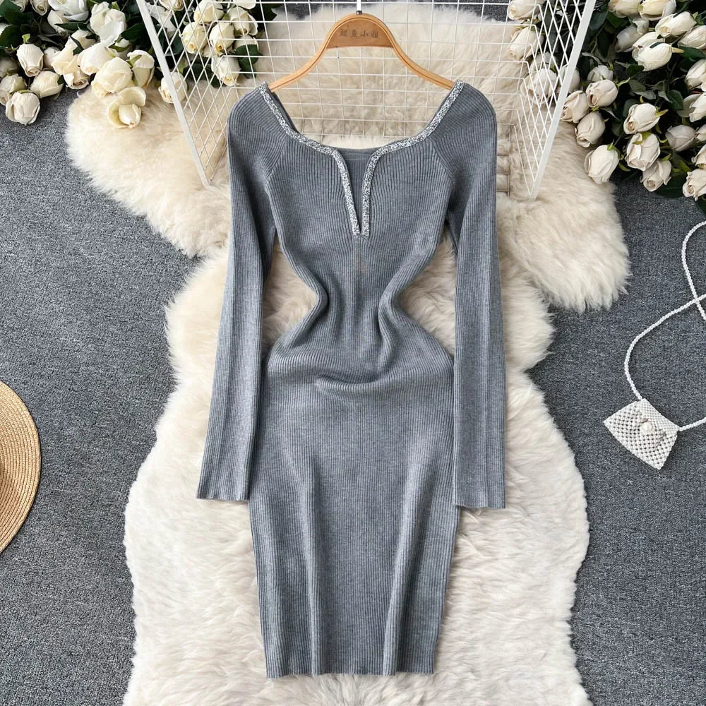 Knit Bodycon Dress For Women Long Sleeve Winter Sweater