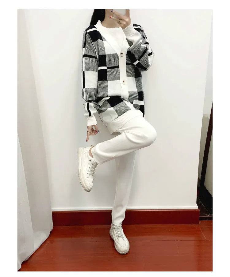 Autumn Winter Women's Plaid Knit Tracksuit Set with Cardigan Sweater Coat, Short Sleeved Top, and Solid Harem Pants