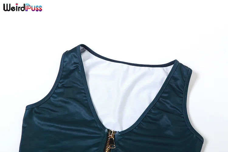 Weird Puss Solid 2 Piece Set Women Low-Neck Zipper Tank Top and Peach Hip Skirt Stretchy Clubwear Matching Outfit