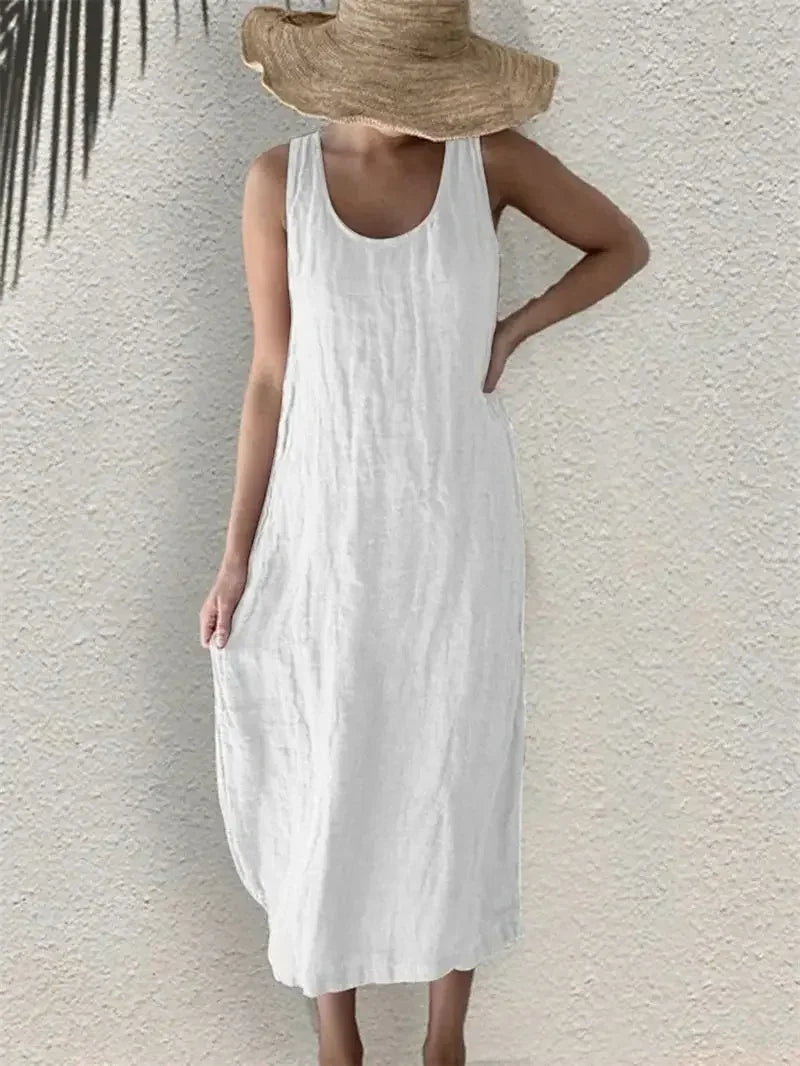 Women Cotton Linen Dress With Side Pockets O Neck Sleeveless