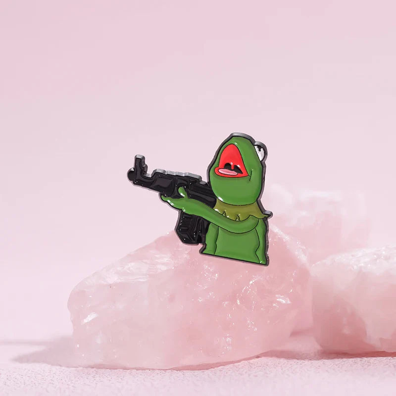 Frog And Gun Enamel Pin Cute Animal Brooch Custom Design Lapel Badge Jewelry Gift for Friends