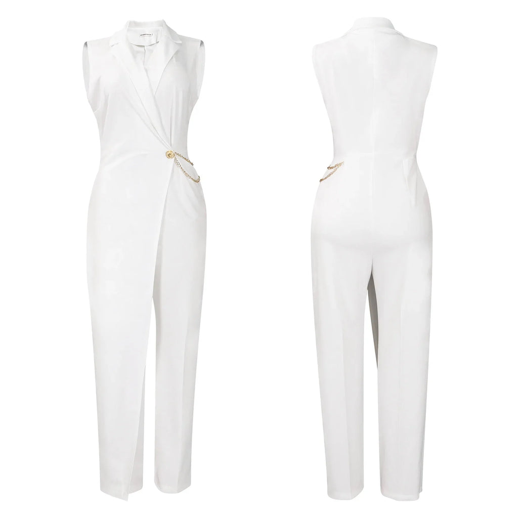 Elegant Sleeveless Jumpsuit with Turn Down Collar High Waisted V Neck Straight Leg Romper for Women Birthday Party Overalls