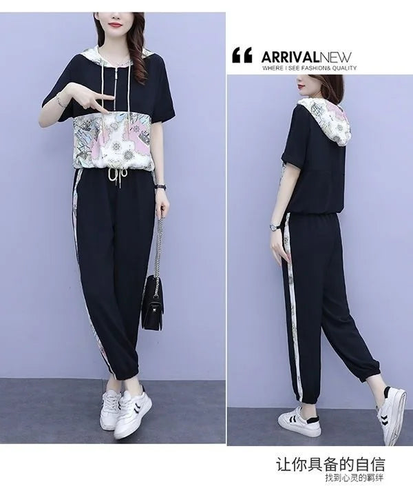 Women's Casual Two Piece Set with Hooded T-Shirt and Contrast Printed Pants for Spring and Summer Fashion