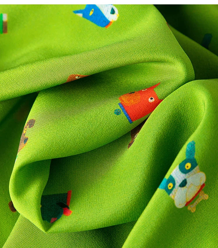 Women Shirt 100 Percent Mulberry Crepe Silk Green Lantern Sleeve Blouse with Cartoon Button Detail