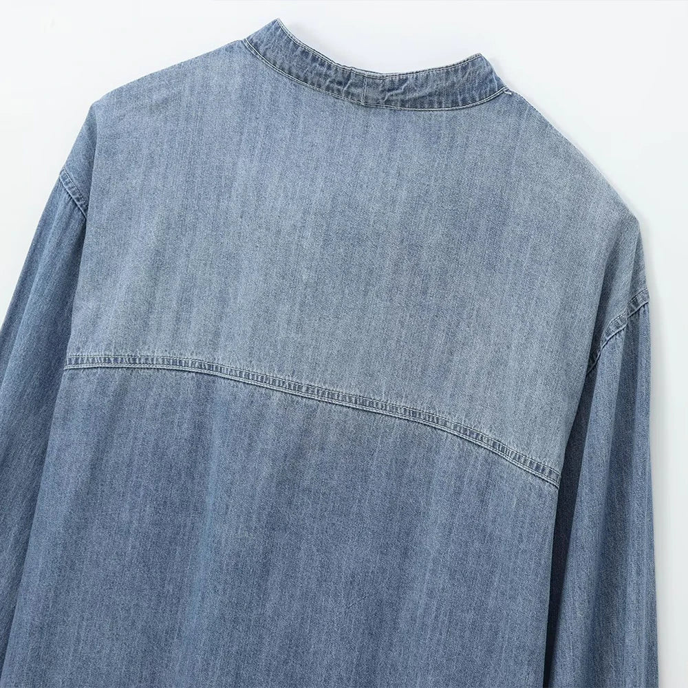 Women's Blue Denim Shirt With Stand Collar Bow Detail Single Breasted Long Sleeve Loose Fit Sweet Solid Casual Top