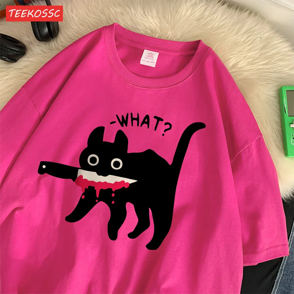 Summer Cotton Women's T-Shirts with Black Cat Print Casual Oversize O-Neck Streetwear for Daily Life and Dating